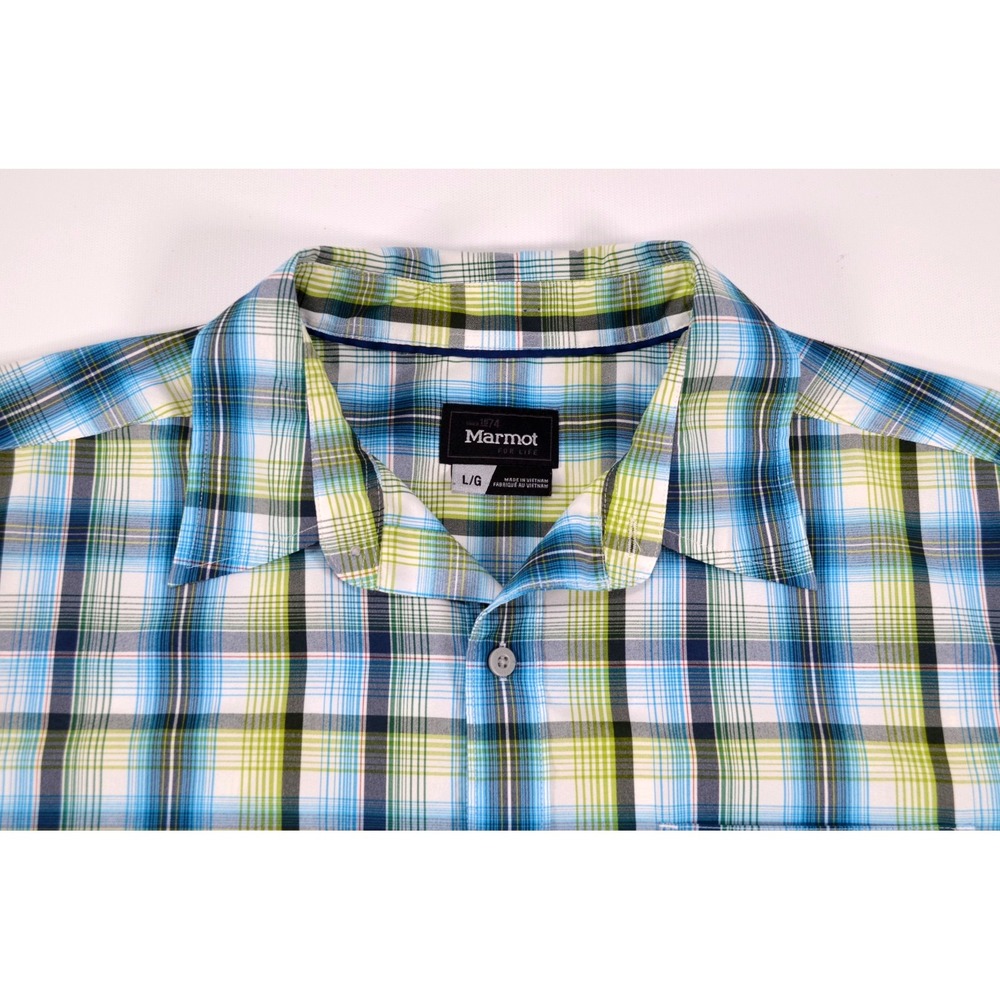 Marmot Shirt Mens L Blue Gray &‎ Yellow Plaid Short Sleeve Button Up Outdoor
